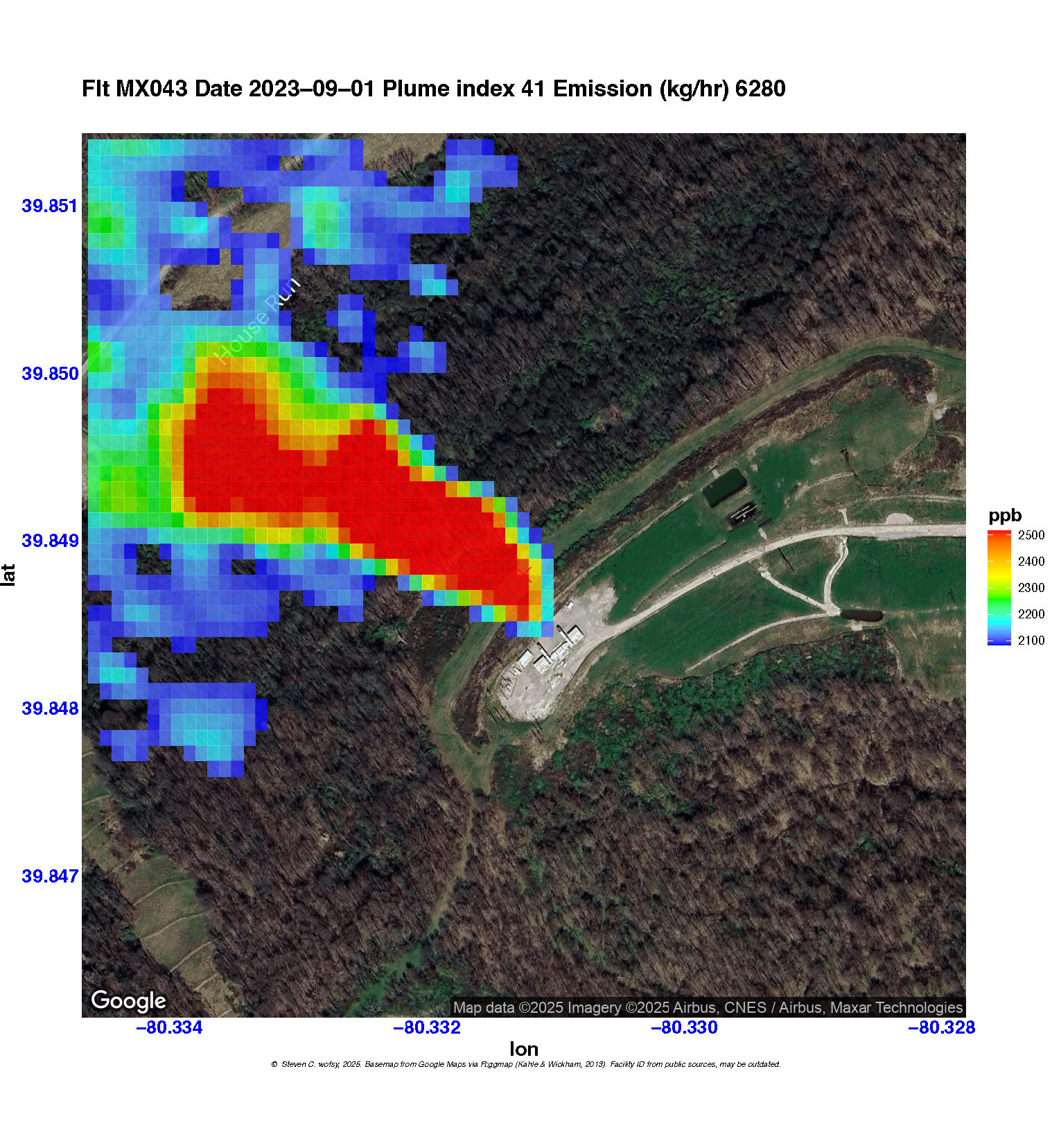 Plume images of methane emissions recorded by MethaneAir at the Cumberland No. 9 Bleeder Shaft (left) and the Franklin Denny Well Pad (right). Images generated by Prof. Steven Wofsy.